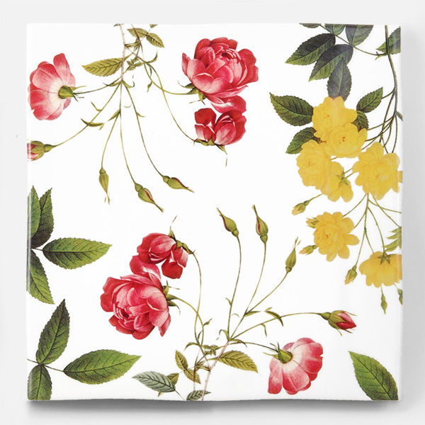 アンティークの図版のバラ等の植物の花柄のイラストのイメージを施したタイルです。壁タイル、床タイル、Pタイルとしてご利用頂けます。他のイラストタイルタイルや白いタイル等と組み合わせてオーダー頂く事が可能です。