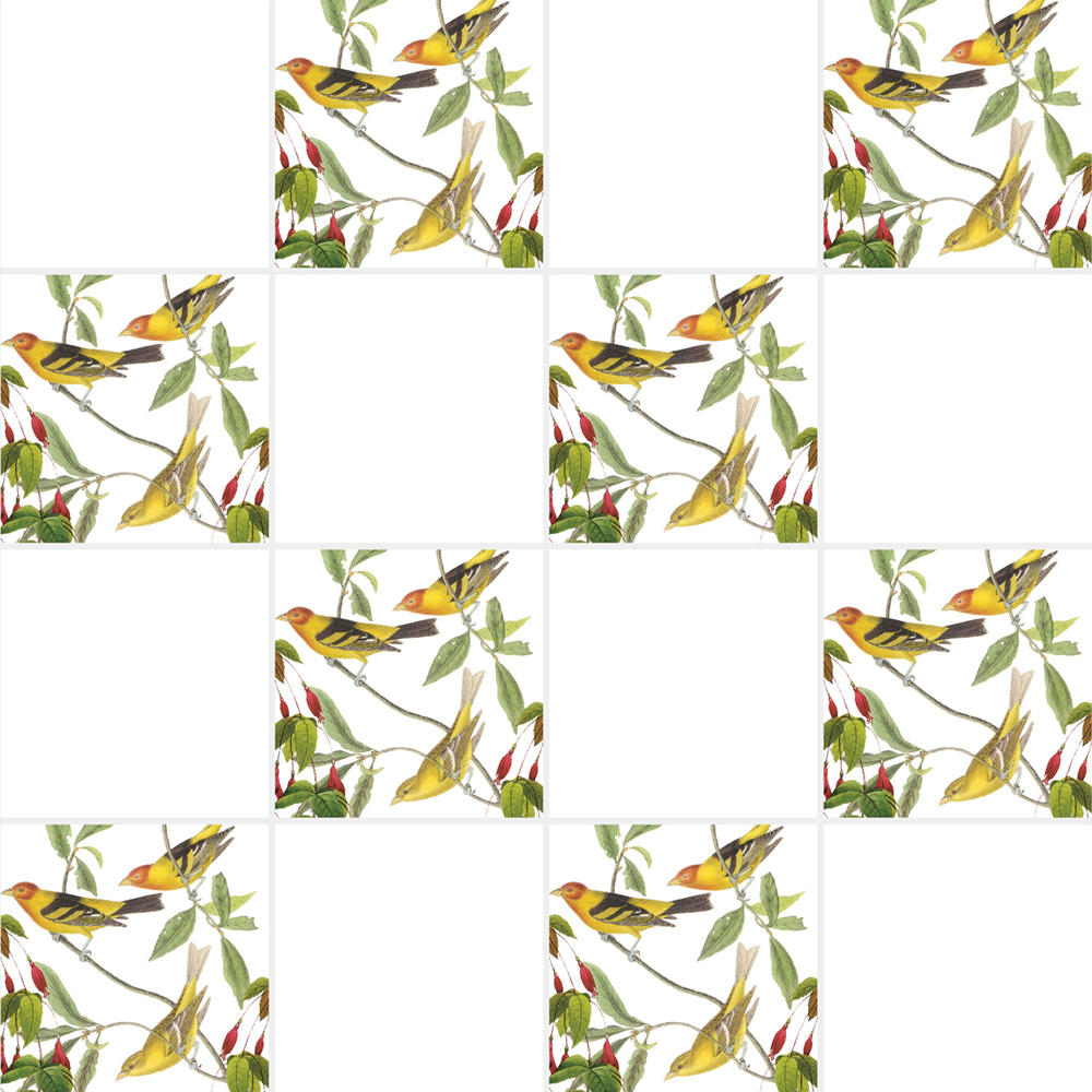 アンティークの図版の鳥と植物柄のイラストのイメージを施したタイルです。壁タイル、床タイル、Pタイルとしてご利用頂けます。他のイラストタイルタイルや白いタイル等と組み合わせてオーダー頂く事が可能です。