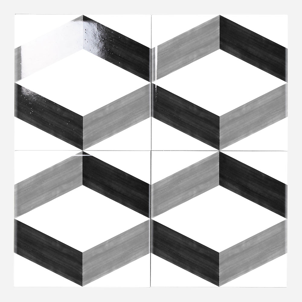 幾何学柄の、モダンのタイルです。壁タイル、床タイル、Pタイルとしてご利用頂けます。並べ方に応じて異なるイメージを構成する事が可能です。