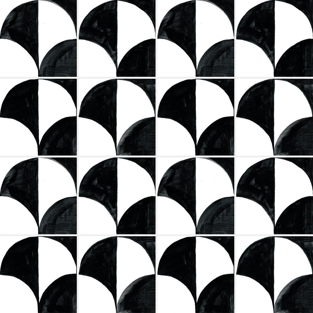 手書きの風合いのモノトーンの幾何学柄のモダンのタイルです。白黒の幾何学シリーズMOD1003〜MOD1007は、各柄を組み合わせての使用も可能です。壁タイル、床タイル、Pタイルとしてご利用頂けます。