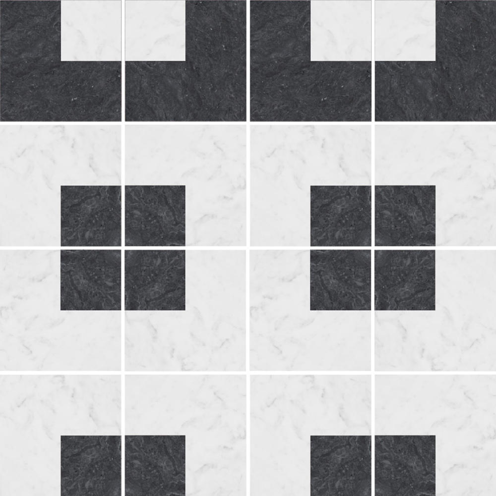 幾何図形の白黒の石目調タイル。
STG-1007-1 , STG-1007-2を組み合わせることで、様々なパターンの再現が可能です。
